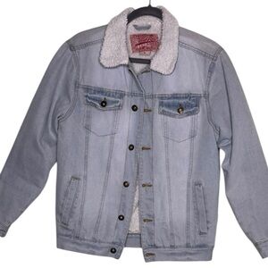 Brooklyn Cloth Mens Sherpa Lined Denim Trucker Jacket Light Blue Wash Small